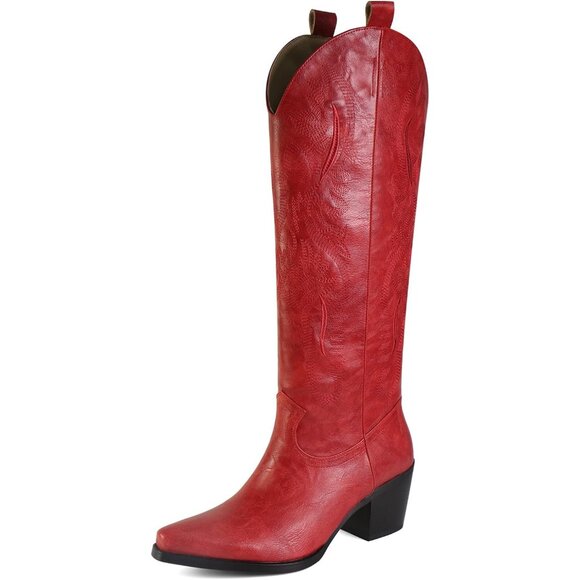 ⚡Women's Red Suede Embroidered Cowgirl Knee High Boot Pointed Toe Chunky Heel - Picture 1 of 5